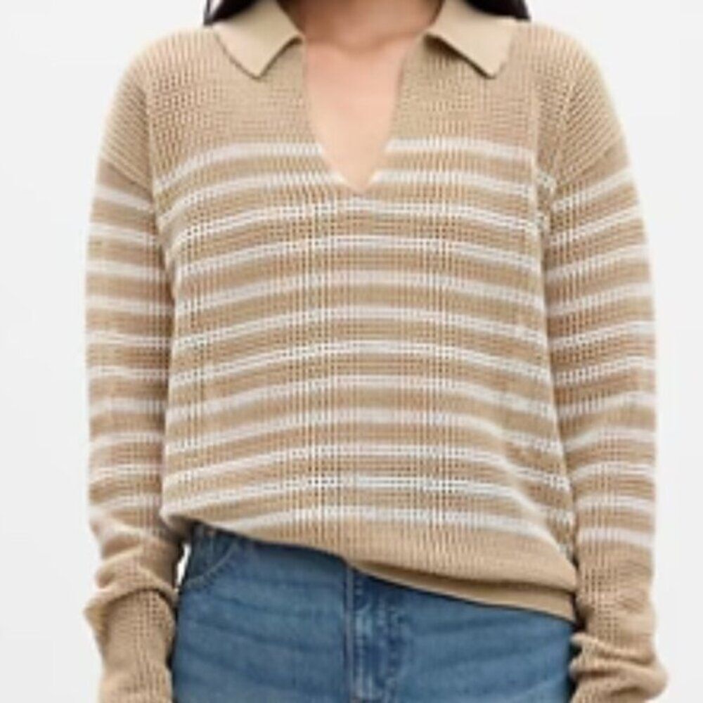 Gap Stripe Crochet Sweater Women's‎ 100% Cotton Drop Shoulder 2XL Tan White